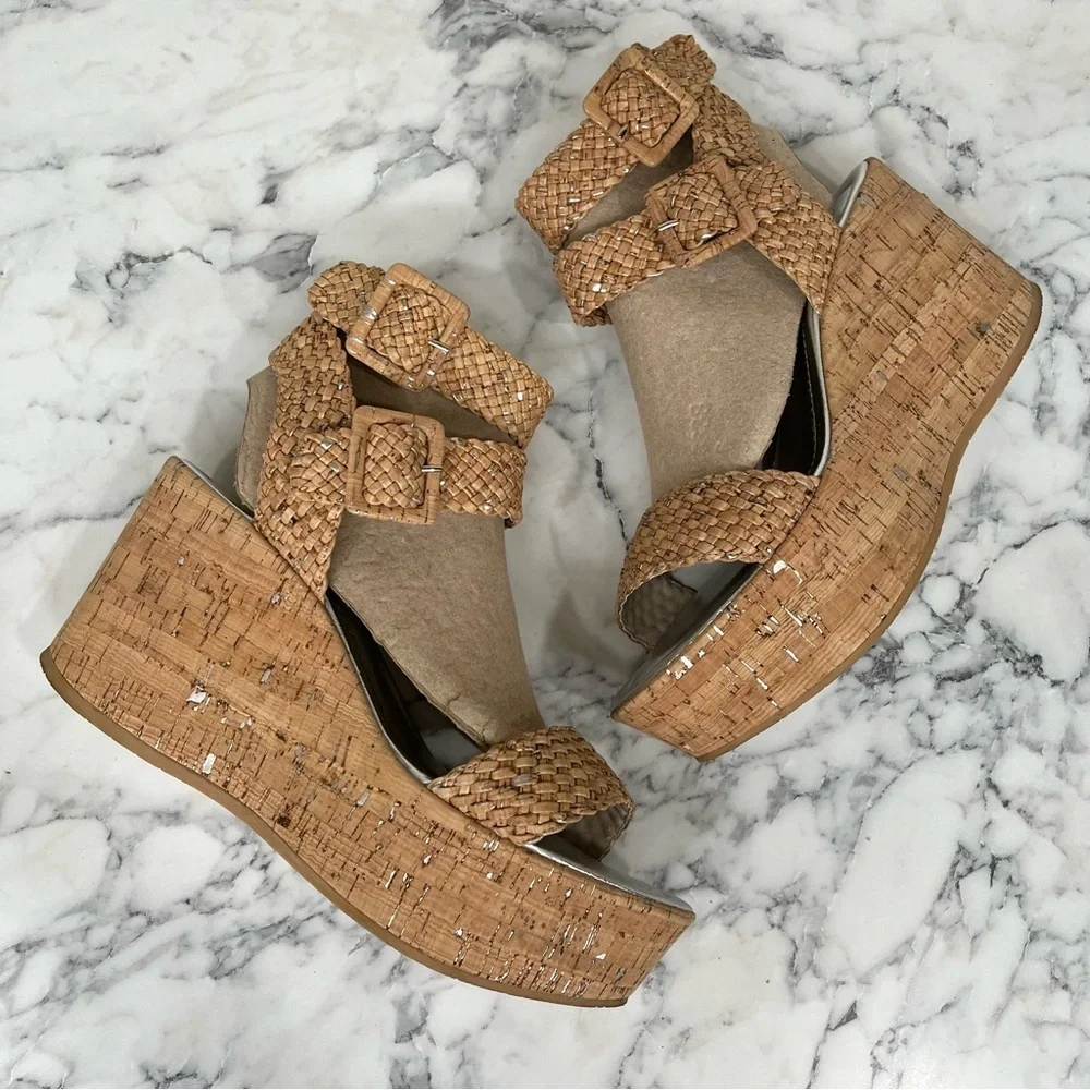 Donald J. Pliner Tan Woven Cork Platform Wedges